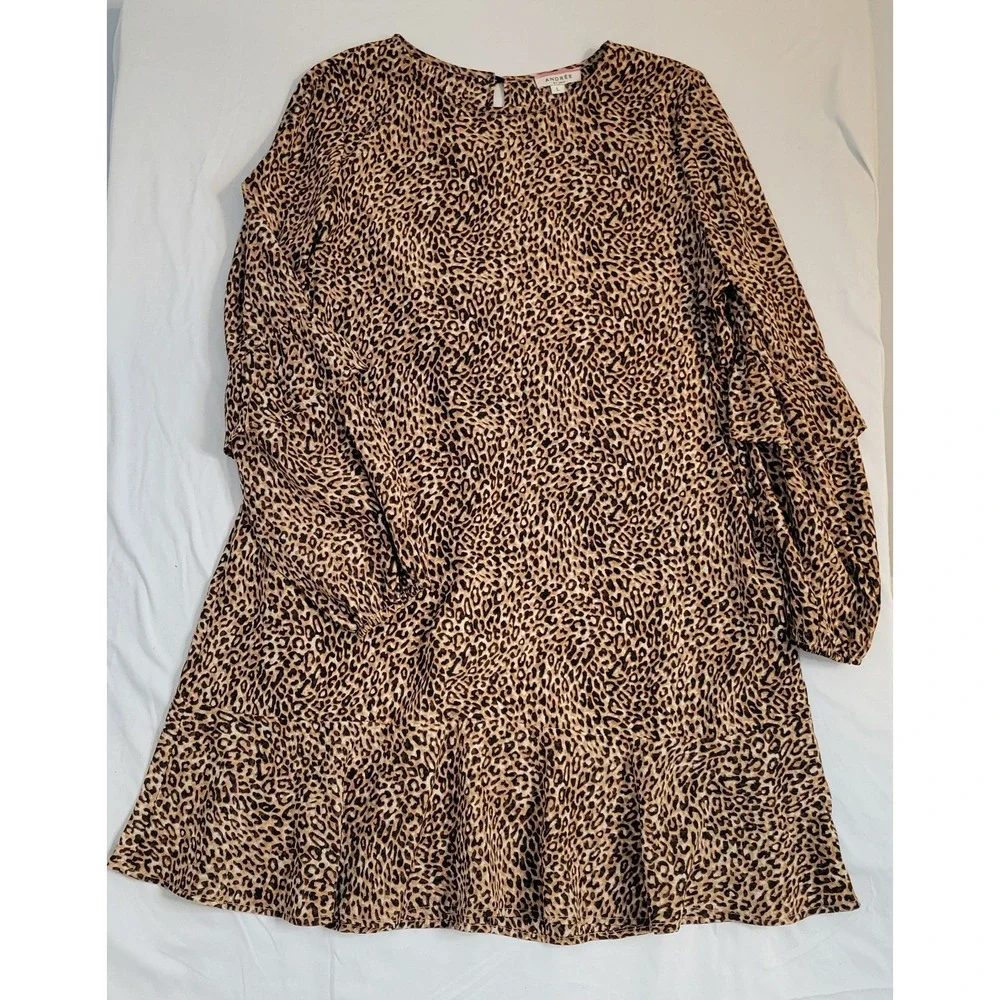 Leopard Animal Print Dress Womens Large Brown Ruffle Tiered‎ Sleeve 90s Mob Wife